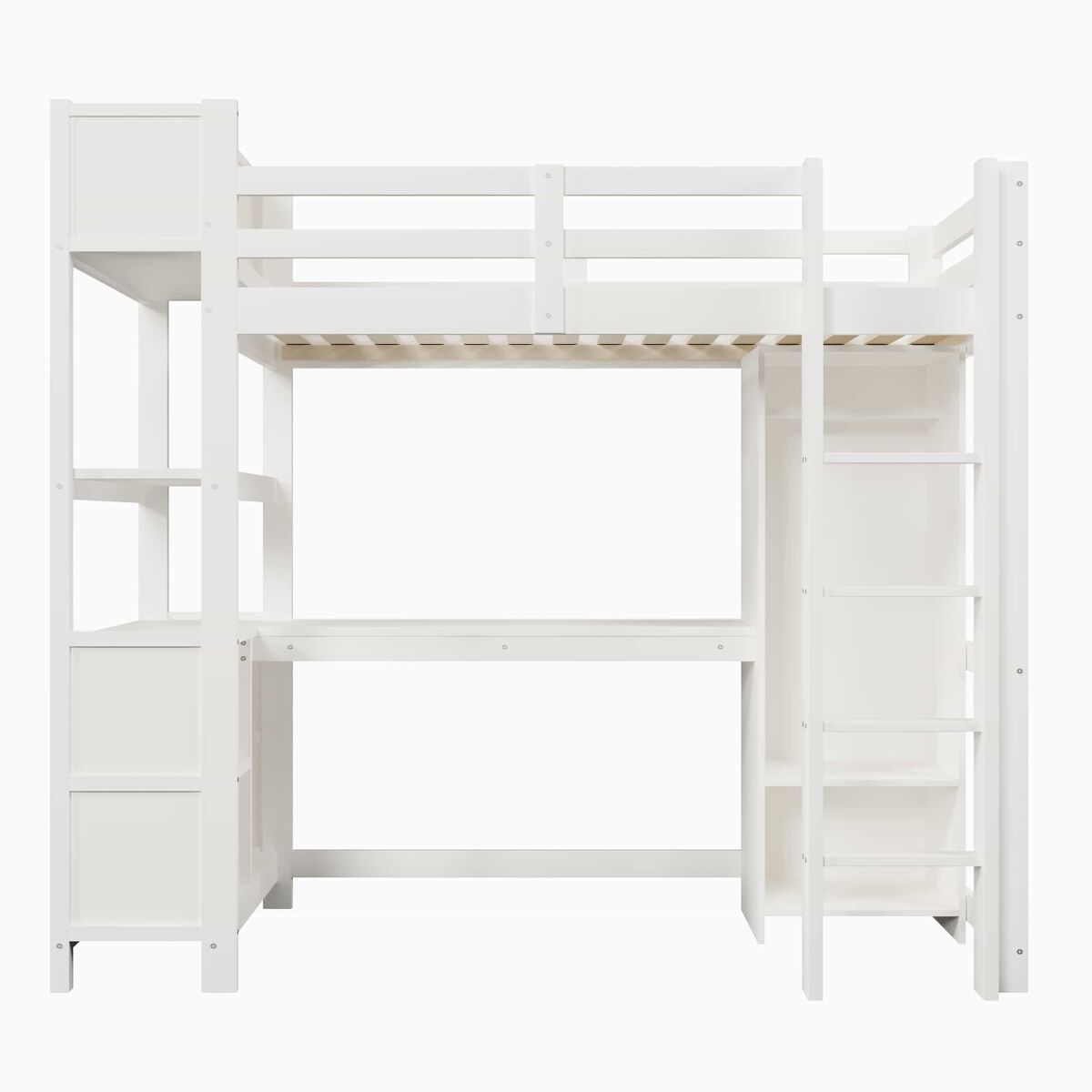 Cama alta 90 x 200 cm – escritorio, armario y estantes, sin colchón – blanco