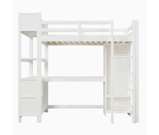 Cama alta 90 x 200 cm – escritorio, armario y estantes, sin colchón – blanco