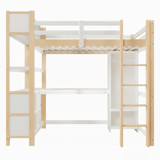 Cama alta 140 x 200 cm u2013 secretária, roupeiro e prateleiras, sem colchão u2013 Natural