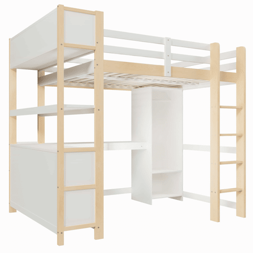 Cama alta 140 x 200 cm u2013 secretária, roupeiro e prateleiras, sem colchão u2013 Natural