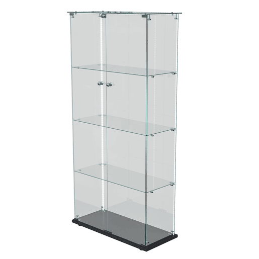 Vitrine em vidro com quatro níveis e iluminação LED, ideal para expor objetos de coleção, livros e vinhos Vitrine em vidro com quatro níveis e iluminação LED, ideal para expor objetos de coleção, livros e vinhos