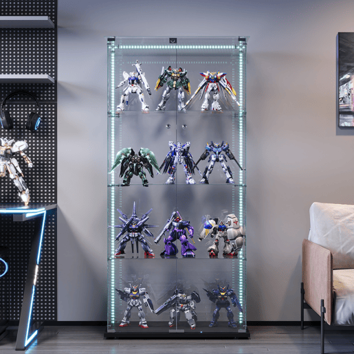 Vitrine em vidro com quatro níveis e iluminação LED, ideal para expor objetos de coleção, livros e vinhos Vitrine em vidro com quatro níveis e iluminação LED, ideal para expor objetos de coleção, livros e vinhos