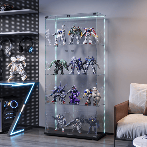 Vitrine em vidro com quatro níveis e iluminação LED, ideal para expor objetos de coleção, livros e vinhos Vitrine em vidro com quatro níveis e iluminação LED, ideal para expor objetos de coleção, livros e vinhos