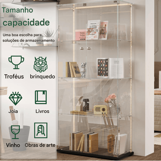 Vitrine em vidro com quatro níveis e iluminação LED, ideal para expor objetos de coleção, livros e vinhos Vitrine em vidro com quatro níveis e iluminação LED, ideal para expor objetos de coleção, livros e vinhos