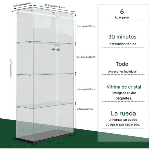 Vitrine em vidro com quatro níveis e iluminação LED, ideal para expor objetos de coleção, livros e vinhos Vitrine em vidro com quatro níveis e iluminação LED, ideal para expor objetos de coleção, livros e vinhos