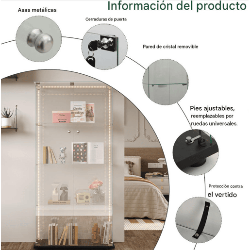 Vitrine em vidro com quatro níveis e iluminação LED, ideal para expor objetos de coleção, livros e vinhos Vitrine em vidro com quatro níveis e iluminação LED, ideal para expor objetos de coleção, livros e vinhos