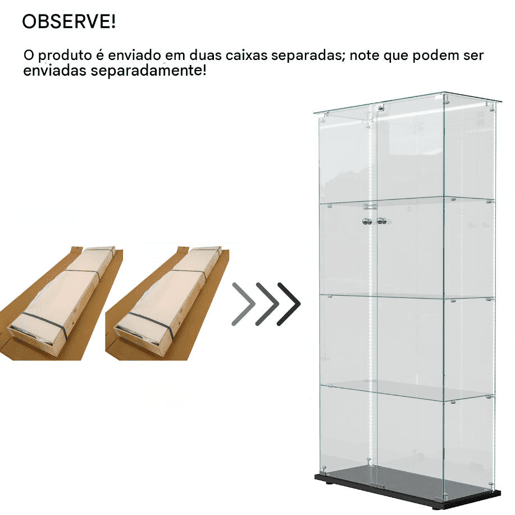 Vitrine em vidro com quatro níveis e iluminação LED, ideal para expor objetos de coleção, livros e vinhos Vitrine em vidro com quatro níveis e iluminação LED, ideal para expor objetos de coleção, livros e vinhos