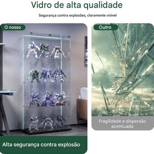 Vitrine em vidro com quatro níveis e iluminação LED, ideal para expor objetos de coleção, livros e vinhos Vitrine em vidro com quatro níveis e iluminação LED, ideal para expor objetos de coleção, livros e vinhos