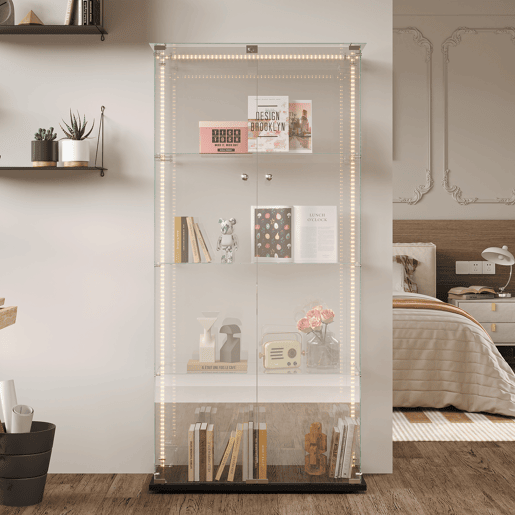 Vitrine em vidro com quatro níveis e iluminação LED, ideal para expor objetos de coleção, livros e vinhos Vitrine em vidro com quatro níveis e iluminação LED, ideal para expor objetos de coleção, livros e vinhos