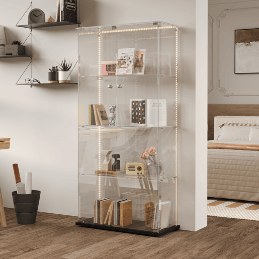 Vitrine em vidro com quatro níveis e iluminação LED, ideal para expor objetos de coleção, livros e vinhos Vitrine em vidro com quatro níveis e iluminação LED, ideal para expor objetos de coleção, livros e vinhos