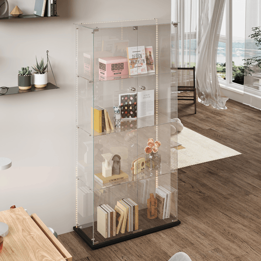Vitrine em vidro com quatro níveis e iluminação LED, ideal para expor objetos de coleção, livros e vinhos Vitrine em vidro com quatro níveis e iluminação LED, ideal para expor objetos de coleção, livros e vinhos