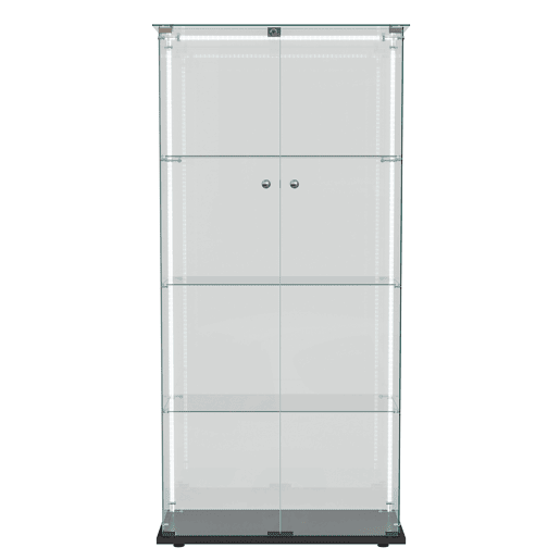 Vitrine em vidro com quatro níveis e iluminação LED, ideal para expor objetos de coleção, livros e vinhos Vitrine em vidro com quatro níveis e iluminação LED, ideal para expor objetos de coleção, livros e vinhos