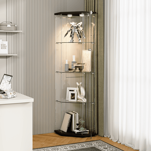 Vitrine preta com iluminação LED e prateleiras de vidro, perfeita para uso em sala de jantar, sala de estar ou escritório (60 x 42,5 x 162 cm) Vitrine preta com iluminação LED e prateleiras de vidro, perfeita para uso em sala de jantar, sala de estar ou escritório (60 x 42,5 x 162 cm)