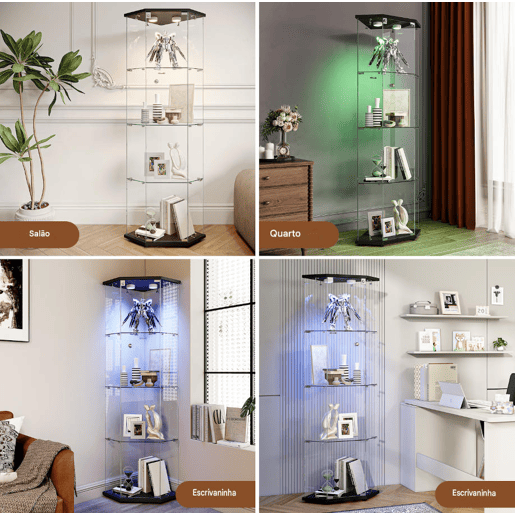 Vitrine preta com iluminação LED e prateleiras de vidro, perfeita para uso em sala de jantar, sala de estar ou escritório (60 x 42,5 x 162 cm) Vitrine preta com iluminação LED e prateleiras de vidro, perfeita para uso em sala de jantar, sala de estar ou escritório (60 x 42,5 x 162 cm)