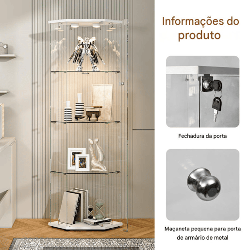 Vitrine preta com iluminação LED e prateleiras de vidro, perfeita para uso em sala de jantar, sala de estar ou escritório (60 x 42,5 x 162 cm) Vitrine preta com iluminação LED e prateleiras de vidro, perfeita para uso em sala de jantar, sala de estar ou escritório (60 x 42,5 x 162 cm)