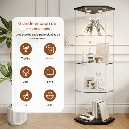 Vitrine preta com iluminação LED e prateleiras de vidro, perfeita para uso em sala de jantar, sala de estar ou escritório (60 x 42,5 x 162 cm) Vitrine preta com iluminação LED e prateleiras de vidro, perfeita para uso em sala de jantar, sala de estar ou escritório (60 x 42,5 x 162 cm)