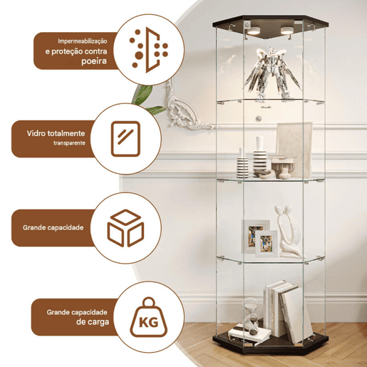Vitrine preta com iluminação LED e prateleiras de vidro, perfeita para uso em sala de jantar, sala de estar ou escritório (60 x 42,5 x 162 cm) Vitrine preta com iluminação LED e prateleiras de vidro, perfeita para uso em sala de jantar, sala de estar ou escritório (60 x 42,5 x 162 cm)