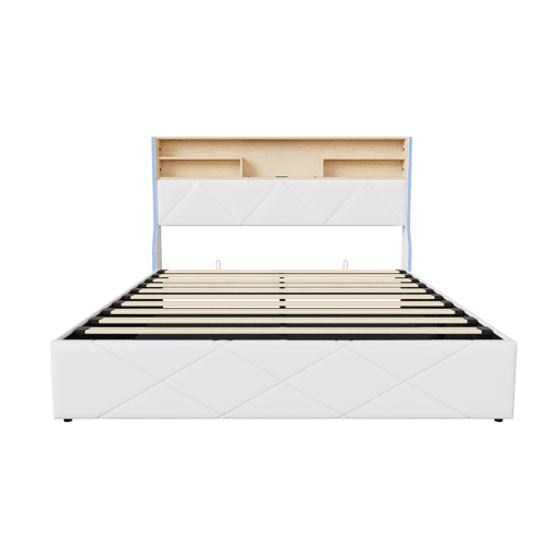 Cama de casal (160×200 cm), USB, LED, cama com baú hidráulico, branca, pele sintética Cama de casal (160×200 cm), USB, LED, cama com baú hidráulico, branca, pele sintética