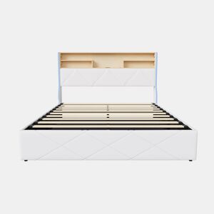 Cama de casal (160×200 cm), USB, LED, cama com baú hidráulico, branca, pele sintética
