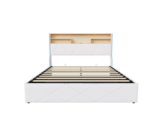 Cama de matrimonio (160×200 cm), usb, led, cama con arcón hidráulico, blanca, piel sintética