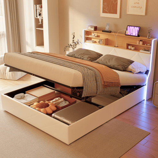 Cama de casal (160×200 cm), USB, LED, cama com baú hidráulico, branca, pele sintética Cama de casal (160×200 cm), USB, LED, cama com baú hidráulico, branca, pele sintética