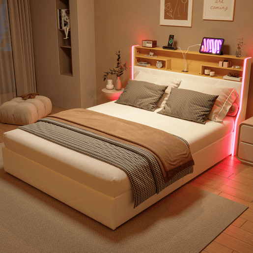 Cama de casal (160×200 cm), USB, LED, cama com baú hidráulico, branca, pele sintética Cama de casal (160×200 cm), USB, LED, cama com baú hidráulico, branca, pele sintética