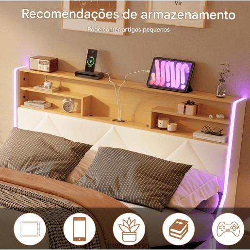 Cama de casal (160×200 cm), USB, LED, cama com baú hidráulico, branca, pele sintética Cama de casal (160×200 cm), USB, LED, cama com baú hidráulico, branca, pele sintética