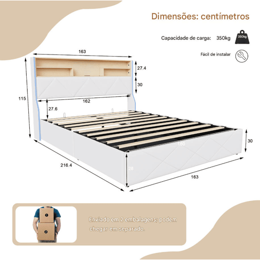 Cama de casal (160×200 cm), USB, LED, cama com baú hidráulico, branca, pele sintética Cama de casal (160×200 cm), USB, LED, cama com baú hidráulico, branca, pele sintética