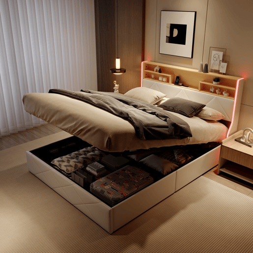 Cama de casal (160×200 cm), USB, LED, cama com baú hidráulico, branca, pele sintética Cama de casal (160×200 cm), USB, LED, cama com baú hidráulico, branca, pele sintética