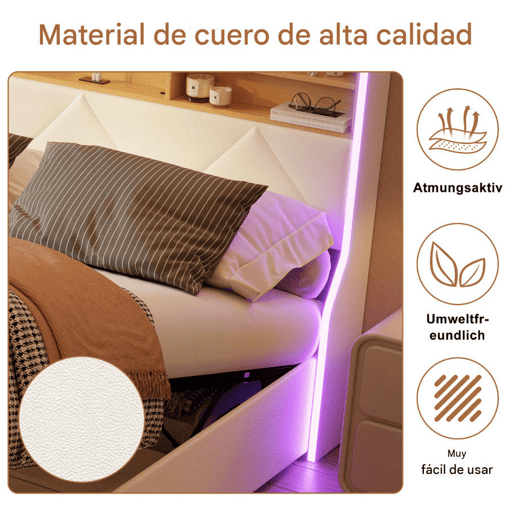 Cama de casal (160×200 cm), USB, LED, cama com baú hidráulico, branca, pele sintética Cama de casal (160×200 cm), USB, LED, cama com baú hidráulico, branca, pele sintética