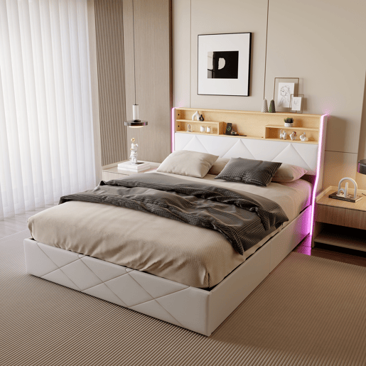 Cama de casal (160×200 cm), USB, LED, cama com baú hidráulico, branca, pele sintética Cama de casal (160×200 cm), USB, LED, cama com baú hidráulico, branca, pele sintética