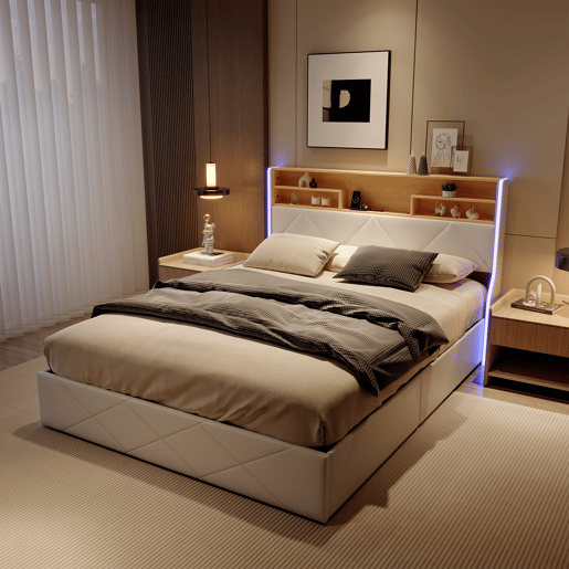 Cama de casal (160×200 cm), USB, LED, cama com baú hidráulico, branca, pele sintética Cama de casal (160×200 cm), USB, LED, cama com baú hidráulico, branca, pele sintética