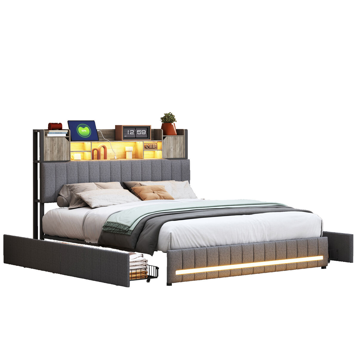 Cama de casal 140x200 cm, cinzenta (con puerto usb), cama juvenil, 4 gavetas, led, cama com arrumação