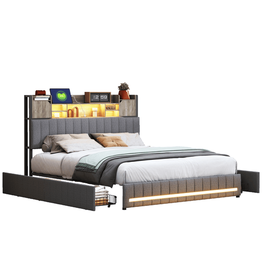 Cama de casal 140x200 cm, cinzenta (com porta USB), cama juvenil, 4 gavetas, LED, cama com arrumação Cama de casal 140x200 cm, cinzenta (com porta USB), cama juvenil, 4 gavetas, LED, cama com arrumação