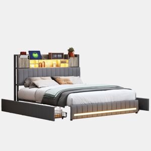 Cama de casal 140x200 cm, cinzenta (com porta USB), cama juvenil, 4 gavetas, LED, cama com arrumação