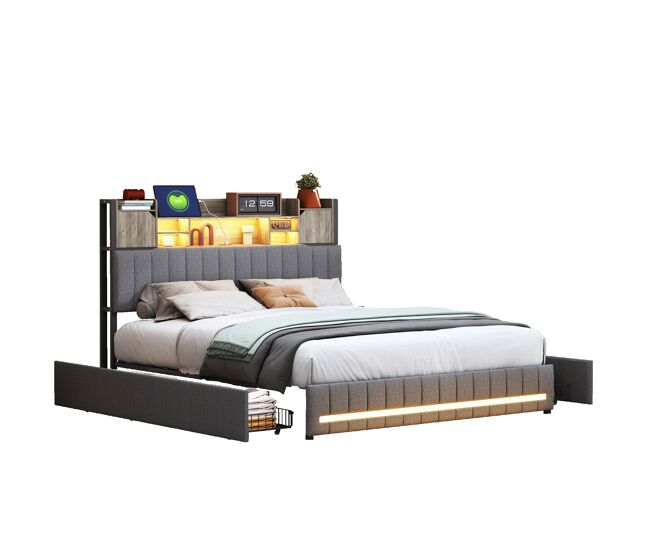 Cama de casal 140x200 cm, cinzenta (con puerto usb), cama juvenil, 4 gavetas, led, cama com arrumação