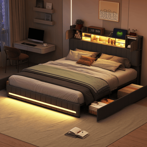 Cama de casal 140x200 cm, cinzenta (com porta USB), cama juvenil, 4 gavetas, LED, cama com arrumação Cama de casal 140x200 cm, cinzenta (com porta USB), cama juvenil, 4 gavetas, LED, cama com arrumação