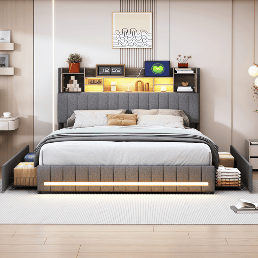 Cama de casal 140x200 cm, cinzenta (com porta USB), cama juvenil, 4 gavetas, LED, cama com arrumação Cama de casal 140x200 cm, cinzenta (com porta USB), cama juvenil, 4 gavetas, LED, cama com arrumação