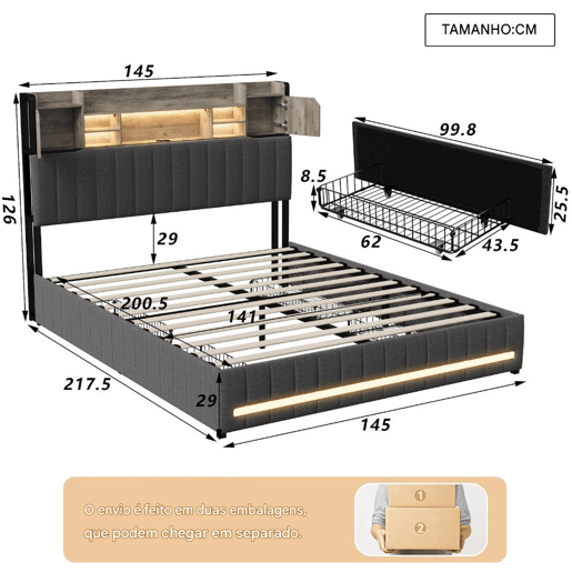 Cama de casal 140x200 cm, cinzenta (com porta USB), cama juvenil, 4 gavetas, LED, cama com arrumação Cama de casal 140x200 cm, cinzenta (com porta USB), cama juvenil, 4 gavetas, LED, cama com arrumação