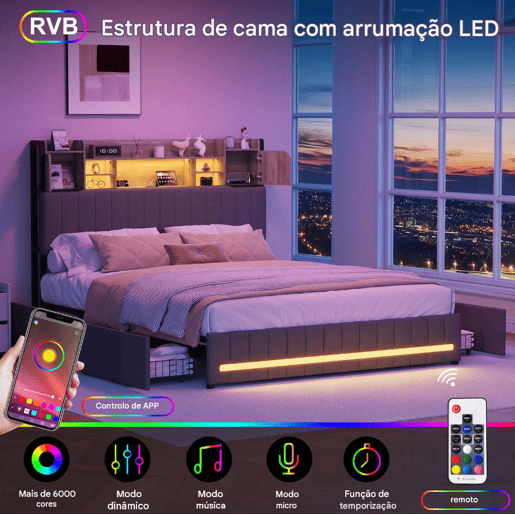 Cama de casal 140x200 cm, cinzenta (com porta USB), cama juvenil, 4 gavetas, LED, cama com arrumação Cama de casal 140x200 cm, cinzenta (com porta USB), cama juvenil, 4 gavetas, LED, cama com arrumação