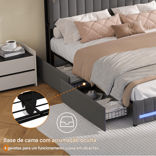 Cama de casal 140x200 cm, cinzenta (com porta USB), cama juvenil, 4 gavetas, LED, cama com arrumação Cama de casal 140x200 cm, cinzenta (com porta USB), cama juvenil, 4 gavetas, LED, cama com arrumação