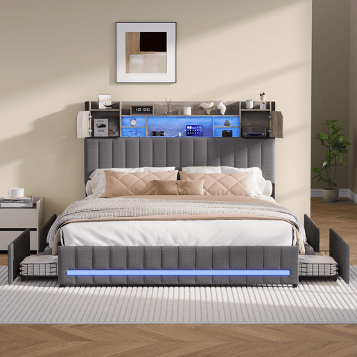 Cama de casal 140x200 cm, cinzenta (com porta USB), cama juvenil, 4 gavetas, LED, cama com arrumação Cama de casal 140x200 cm, cinzenta (com porta USB), cama juvenil, 4 gavetas, LED, cama com arrumação