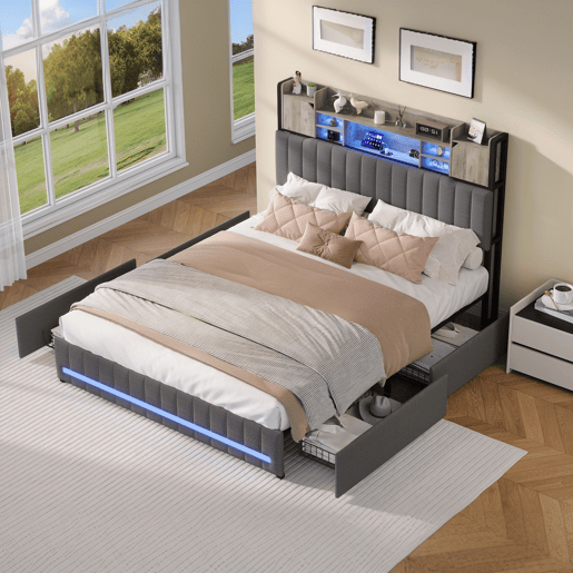 Cama de casal 140x200 cm, cinzenta (com porta USB), cama juvenil, 4 gavetas, LED, cama com arrumação Cama de casal 140x200 cm, cinzenta (com porta USB), cama juvenil, 4 gavetas, LED, cama com arrumação