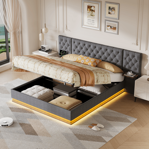 Cama de casal (140 x 200 cm), ecrã LED, portas USB e Tipo-C, cama com espaço de arrumação