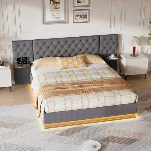 Cama de casal (140 x 200 cm), ecrã LED, portas USB e Tipo-C, cama com espaço de arrumação