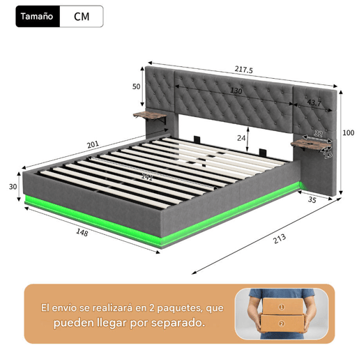 Cama de casal (140 x 200 cm), ecrã LED, portas USB e Tipo-C, cama com espaço de arrumação