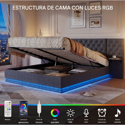 Cama de casal (140 x 200 cm), ecrã LED, portas USB e Tipo-C, cama com espaço de arrumação