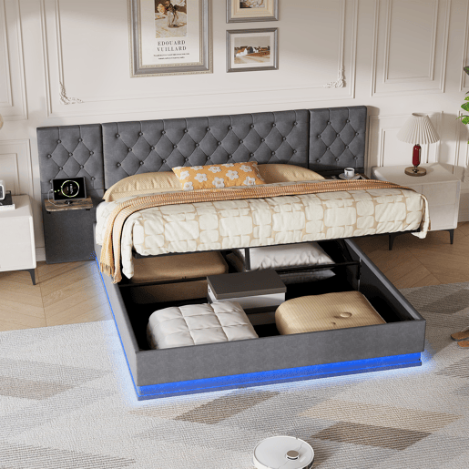 Cama de casal (140 x 200 cm), ecrã LED, portas USB e Tipo-C, cama com espaço de arrumação