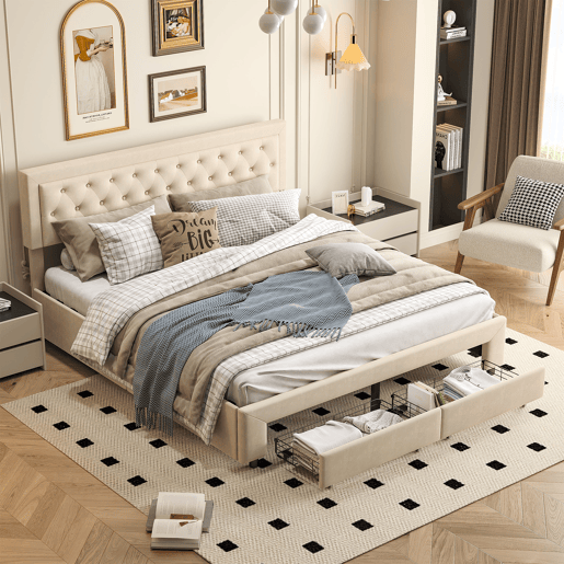 Cama de casal (180x200 cm) com estofo em veludo Beige cama com sistema de elevação hidráulica, contendo um compartimento de arrumação e duas gavetas Cama de casal (180x200 cm) com estofo em veludo Beige cama com sistema de elevação hidráulica, contendo um compartimento de arrumação e duas gavetas