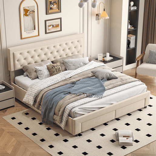 Cama de casal (180x200 cm) com estofo em veludo Beige cama com sistema de elevação hidráulica, contendo um compartimento de arrumação e duas gavetas Cama de casal (180x200 cm) com estofo em veludo Beige cama com sistema de elevação hidráulica, contendo um compartimento de arrumação e duas gavetas
